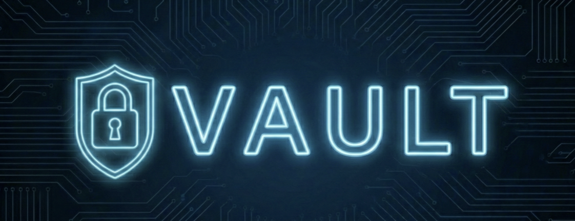 Vault — neon shield-and-padlock logo on a circuit-board background