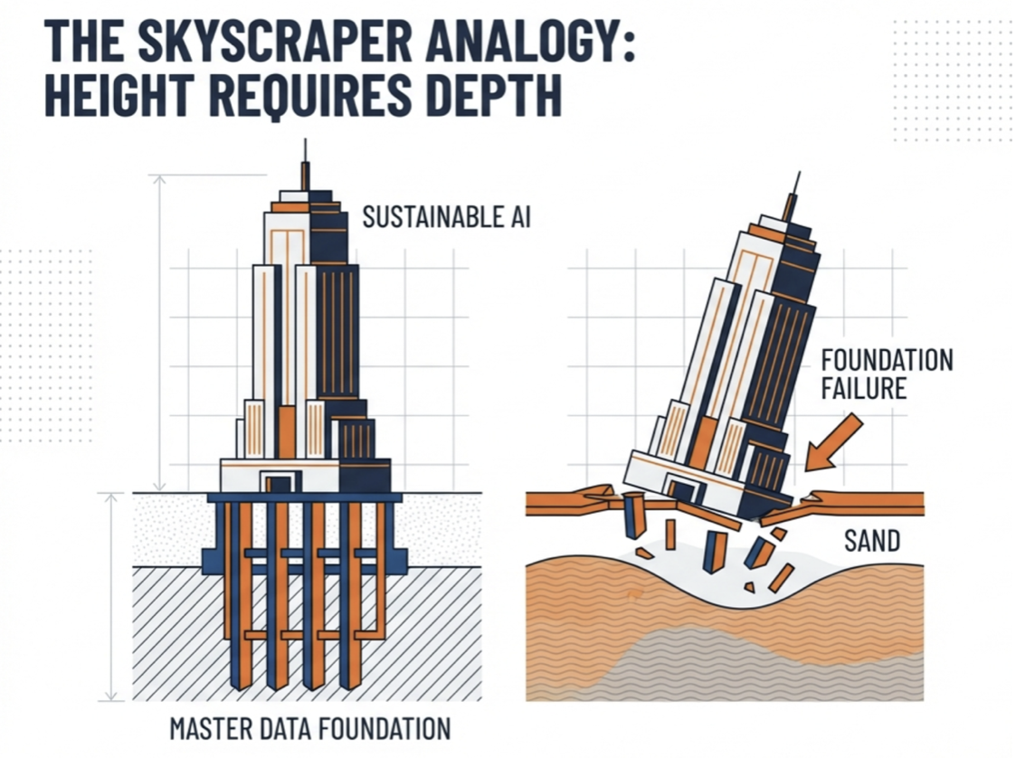 The Skyscraper Analogy — Height Requires Depth. On the left, a tall building stands on deep piles labelled MASTER DATA FOUNDATION, supporting SUSTAINABLE AI. On the right, the same building tilts and shatters as it sinks into sand, labelled FOUNDATION FAILURE.