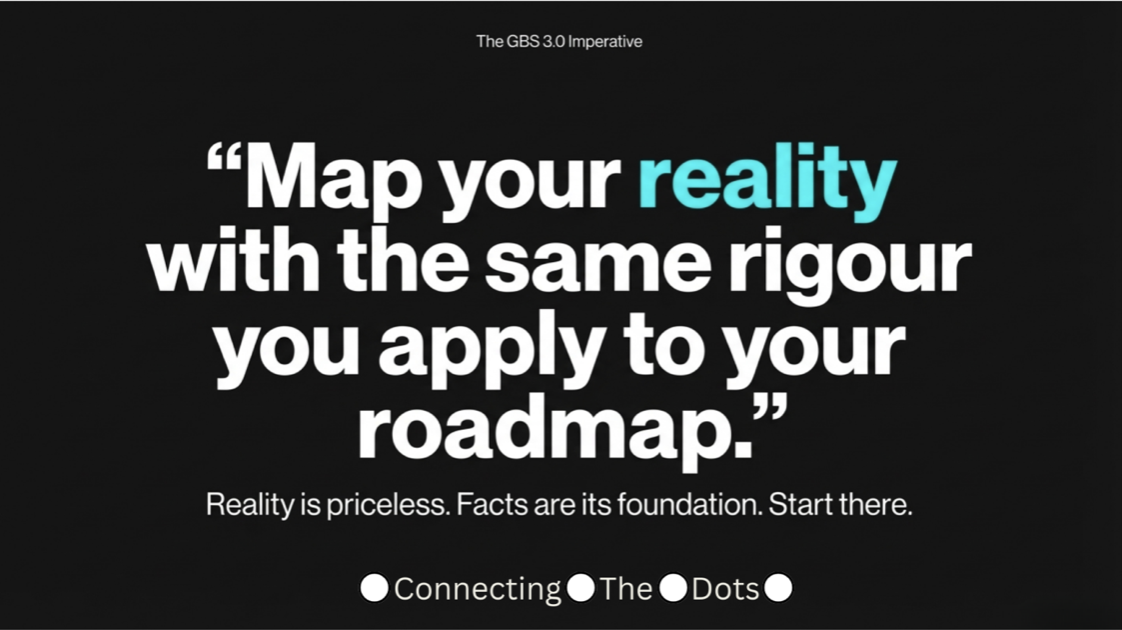 The GBS 3.0 Imperative — Map your reality with the same rigour you apply to your roadmap. Reality is priceless. Facts are its foundation. Start there.