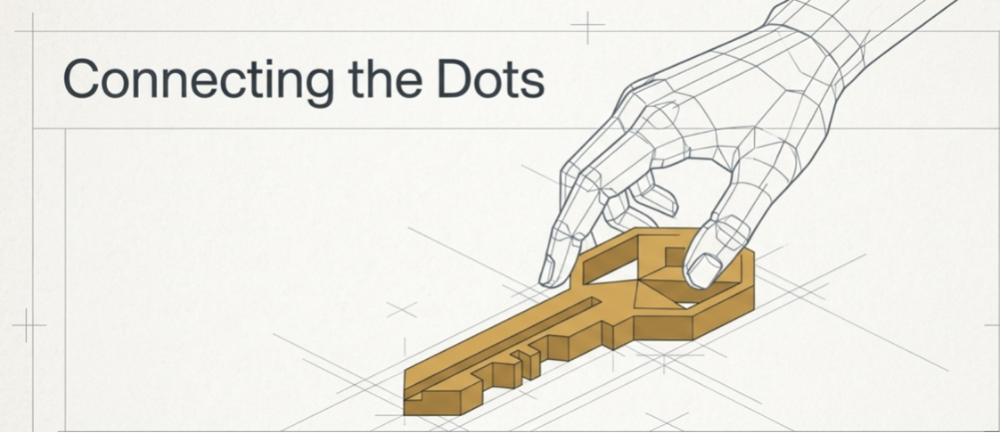 A hand reaching down to pick up a golden cipher key from architectural drafting paper — the cipher key of master data, waiting for a keyholder.