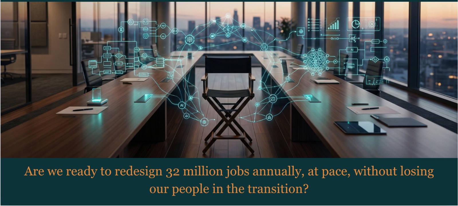 Empty director's chair at a glowing executive table — Are we ready to redesign 32 million jobs annually, at pace, without losing our people in the transition?