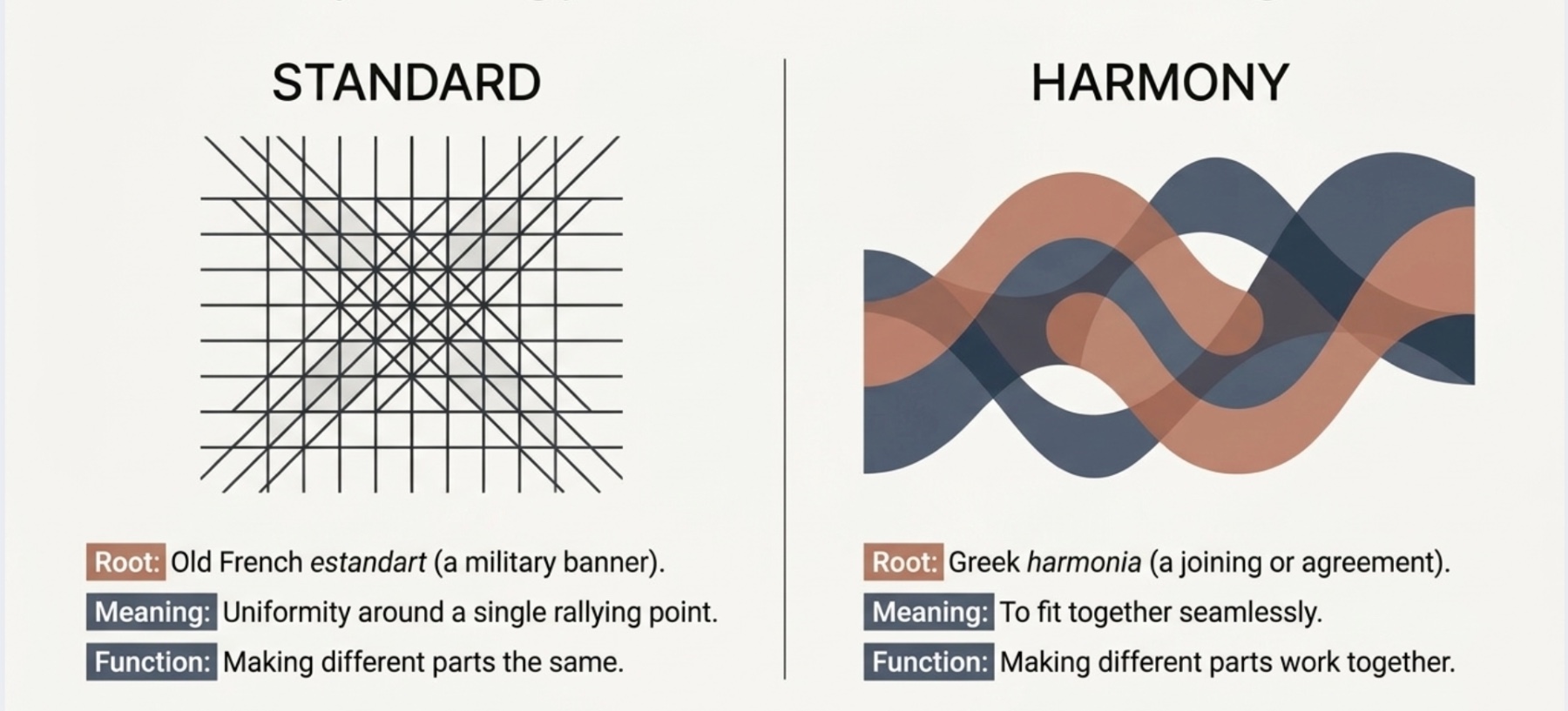Standard vs Harmony — Standard: Old French estandart (a military banner), uniformity around a single rallying point, making different parts the same. Harmony: Greek harmonia (a joining or agreement), to fit together seamlessly, making different parts work together.